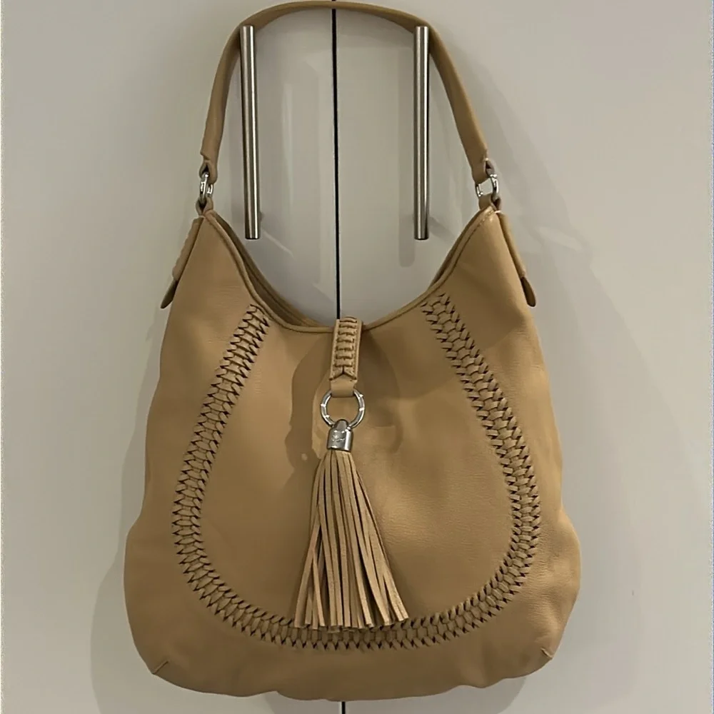 Lauren Ralph Lauren Tan Leather Hobo Bag with Tassel